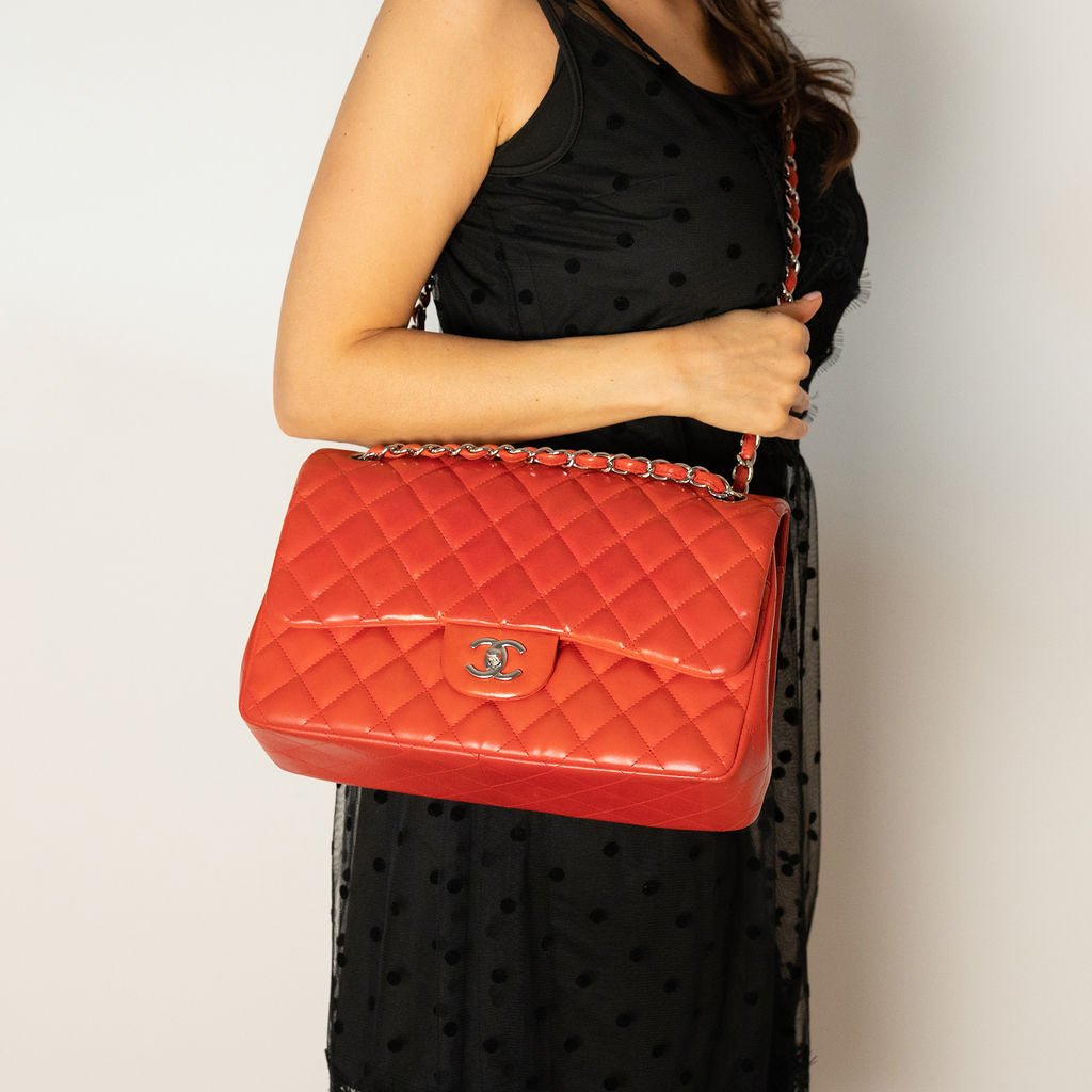 Second hand Chanel Classic Double Flap Jumbo Lambskin Leather Chain Bag Red/Orange - Tabita Bags