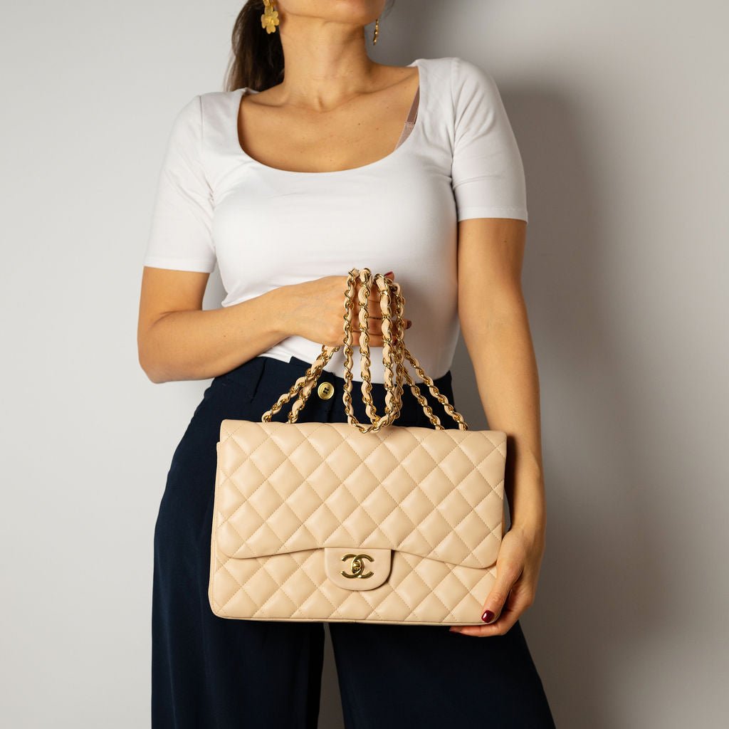 Second hand Chanel Classic Double Flap Jumbo Lambskin Leather Matelassè Handbag Beige - Tabita Bags
