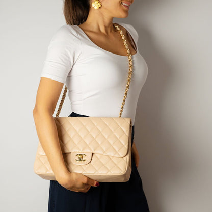 Second hand Chanel Classic Double Flap Jumbo Lambskin Leather Matelassè Handbag Beige - Tabita Bags