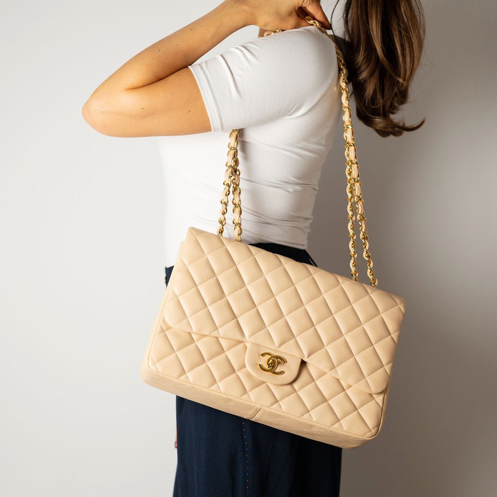 Second hand Chanel Classic Double Flap Jumbo Lambskin Leather Matelassè Handbag Beige - Tabita Bags