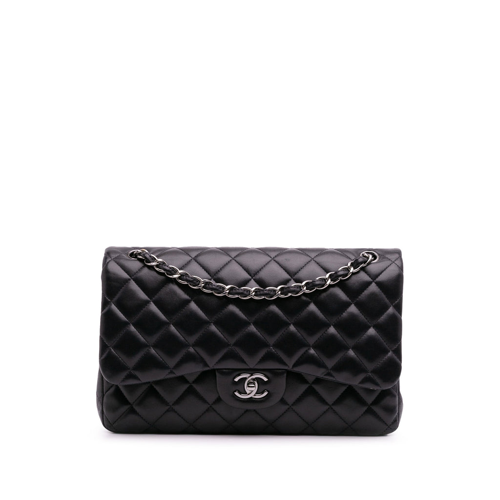 Second hand Chanel Classic Double Flap Jumbo Lambskin Leather Matelassè Handbag Black - Tabita Bags