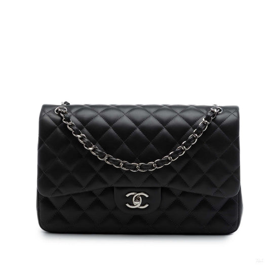 Second hand Chanel Classic Double Flap Jumbo Lambskin Leather Matelassè Handbag Black - Tabita Bags