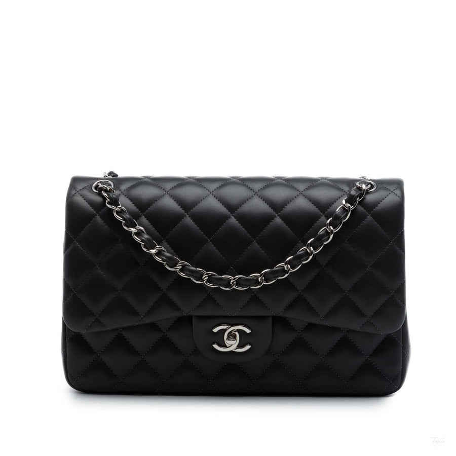 Second hand Chanel Classic Double Flap Jumbo Lambskin Leather Matelassè Handbag Black - Tabita Bags