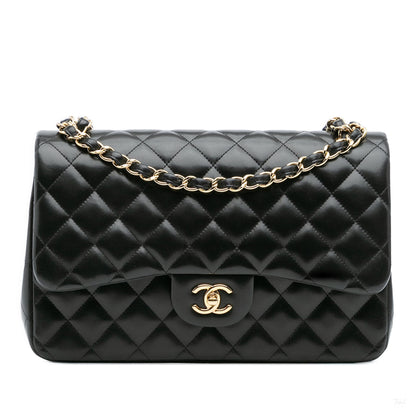 Second hand Chanel Classic Double Flap Jumbo Lambskin Leather Matelassè Handbag Black - Tabita Bags