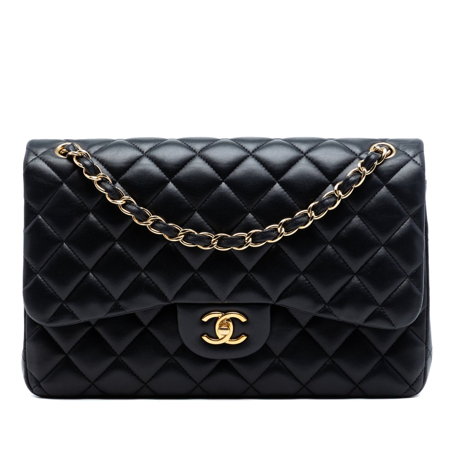 Second hand Chanel Classic Double Flap Jumbo Lambskin Leather Matelassè Handbag Black - Tabita Bags