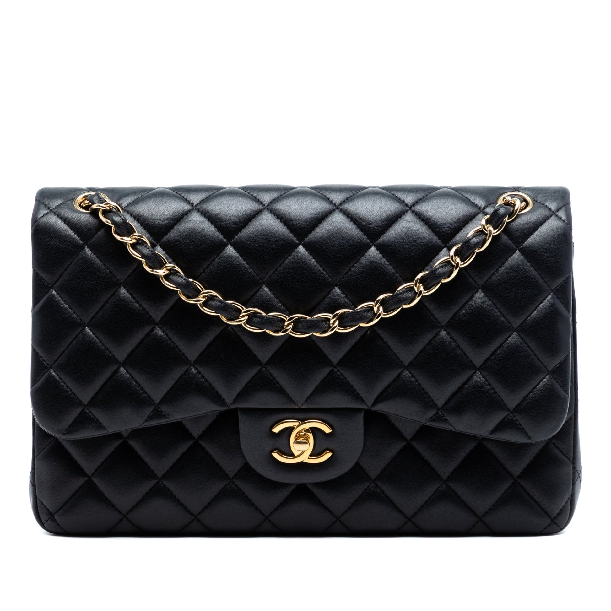 Second hand Chanel Classic Double Flap Jumbo Lambskin Leather Matelassè Handbag Black - Tabita Bags