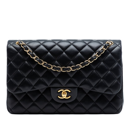 Second hand Chanel Classic Double Flap Jumbo Lambskin Leather Matelassè Handbag Black - Tabita Bags