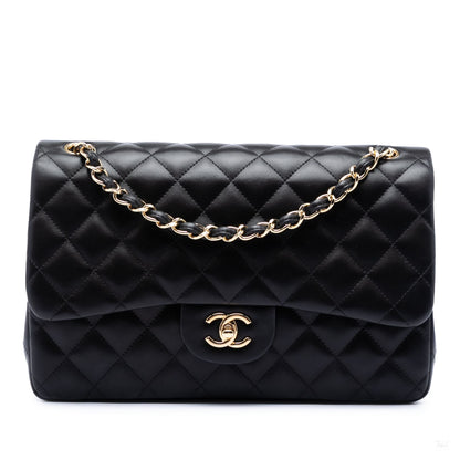 Second hand Chanel Classic Double Flap Jumbo Lambskin Leather Matelassè Handbag Black - Tabita Bags