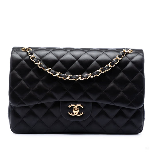 Second hand Chanel Classic Double Flap Jumbo Lambskin Leather Matelassè Handbag Black - Tabita Bags