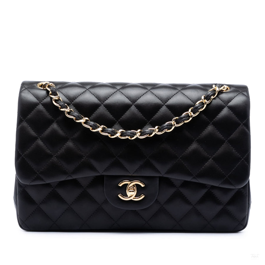 Second hand Chanel Classic Double Flap Jumbo Lambskin Leather Matelassè Handbag Black - Tabita Bags