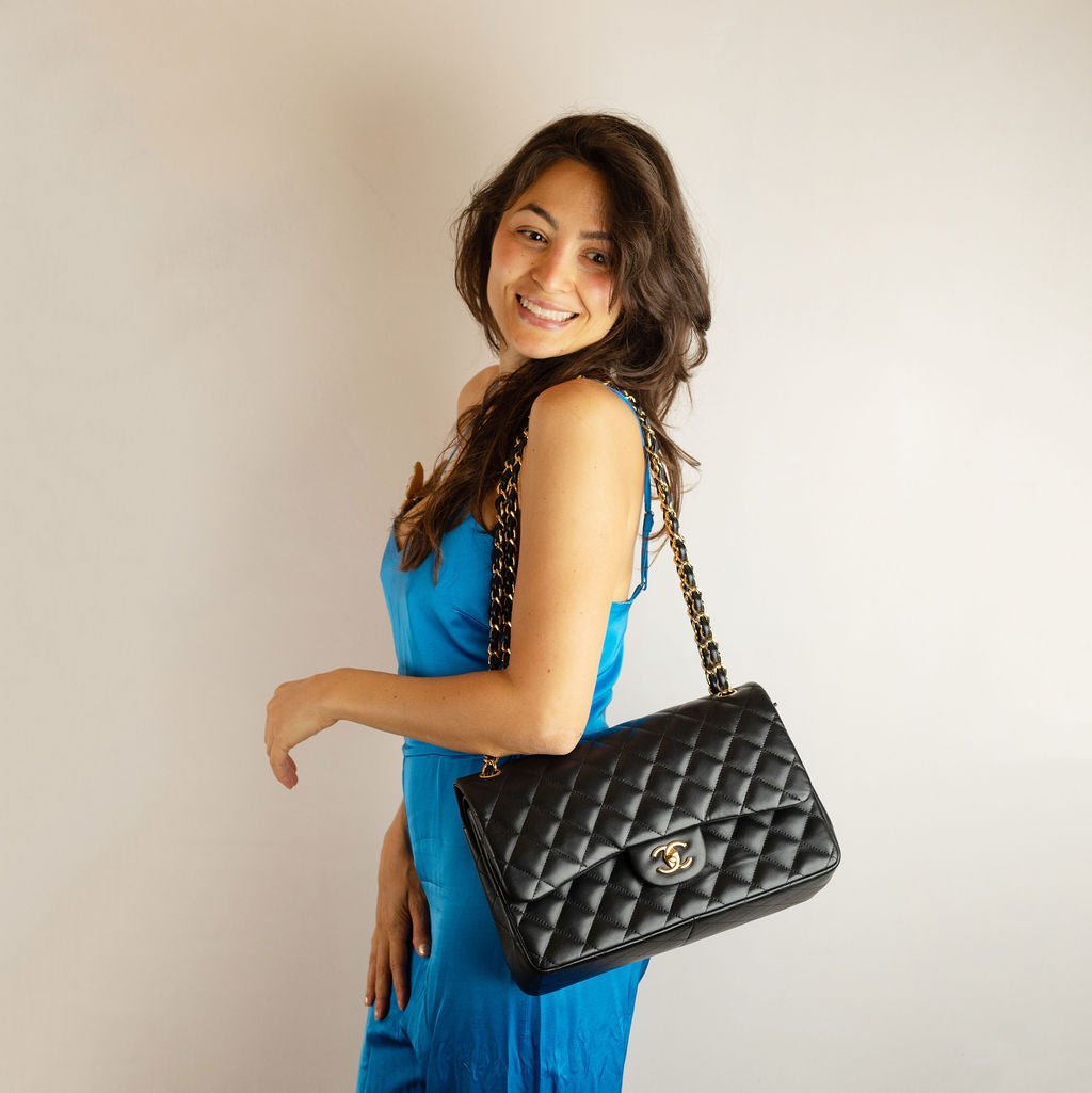 Second hand Chanel Classic Double Flap Jumbo Lambskin Leather Matelassè Handbag Black - Tabita Bags