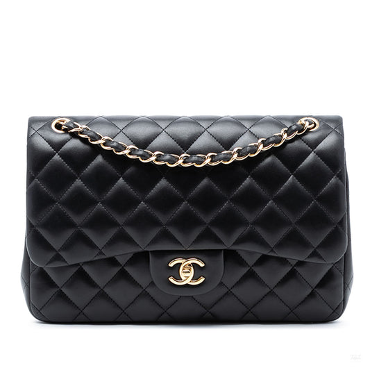 Second hand Chanel Classic Double Flap Jumbo Lambskin Leather Matelassè Handbag Black - Tabita Bags