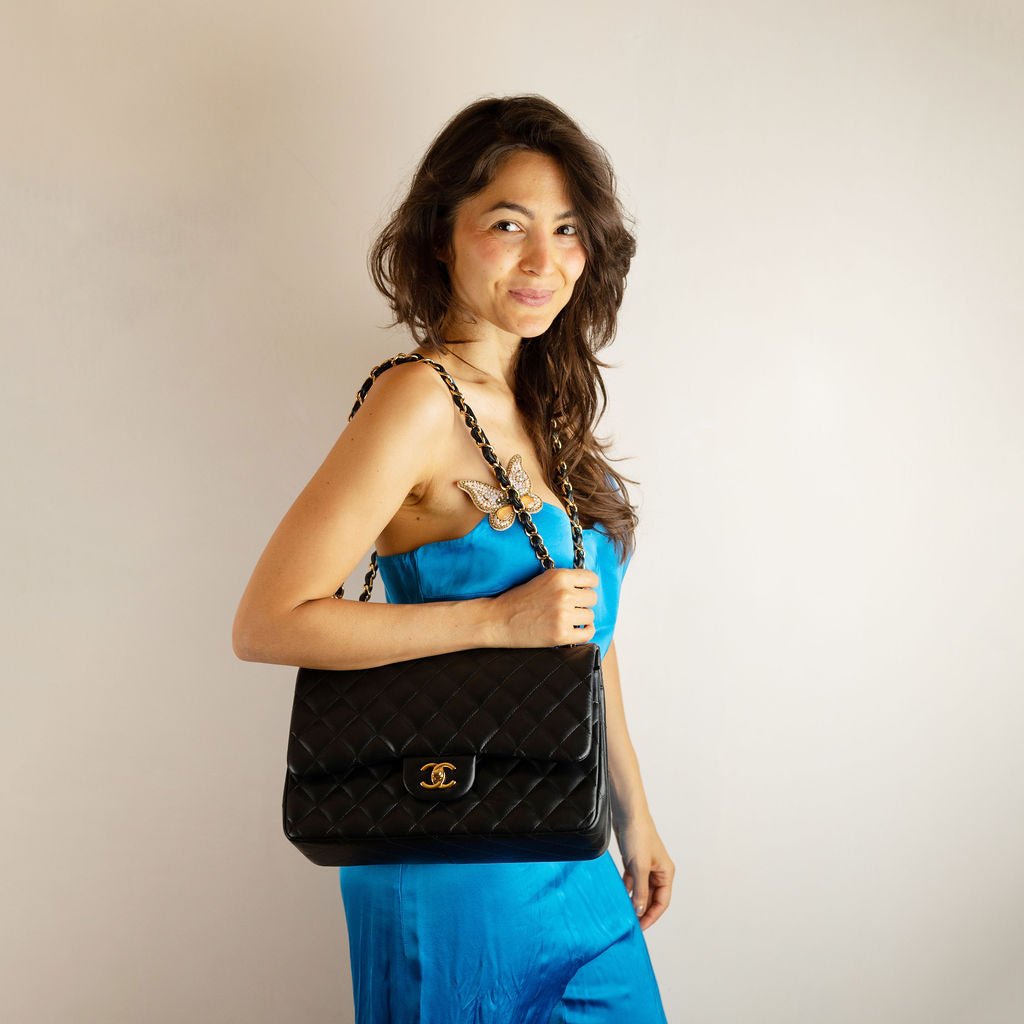 Second hand Chanel Classic Double Flap Jumbo Lambskin Leather Matelassè Handbag Black - Tabita Bags