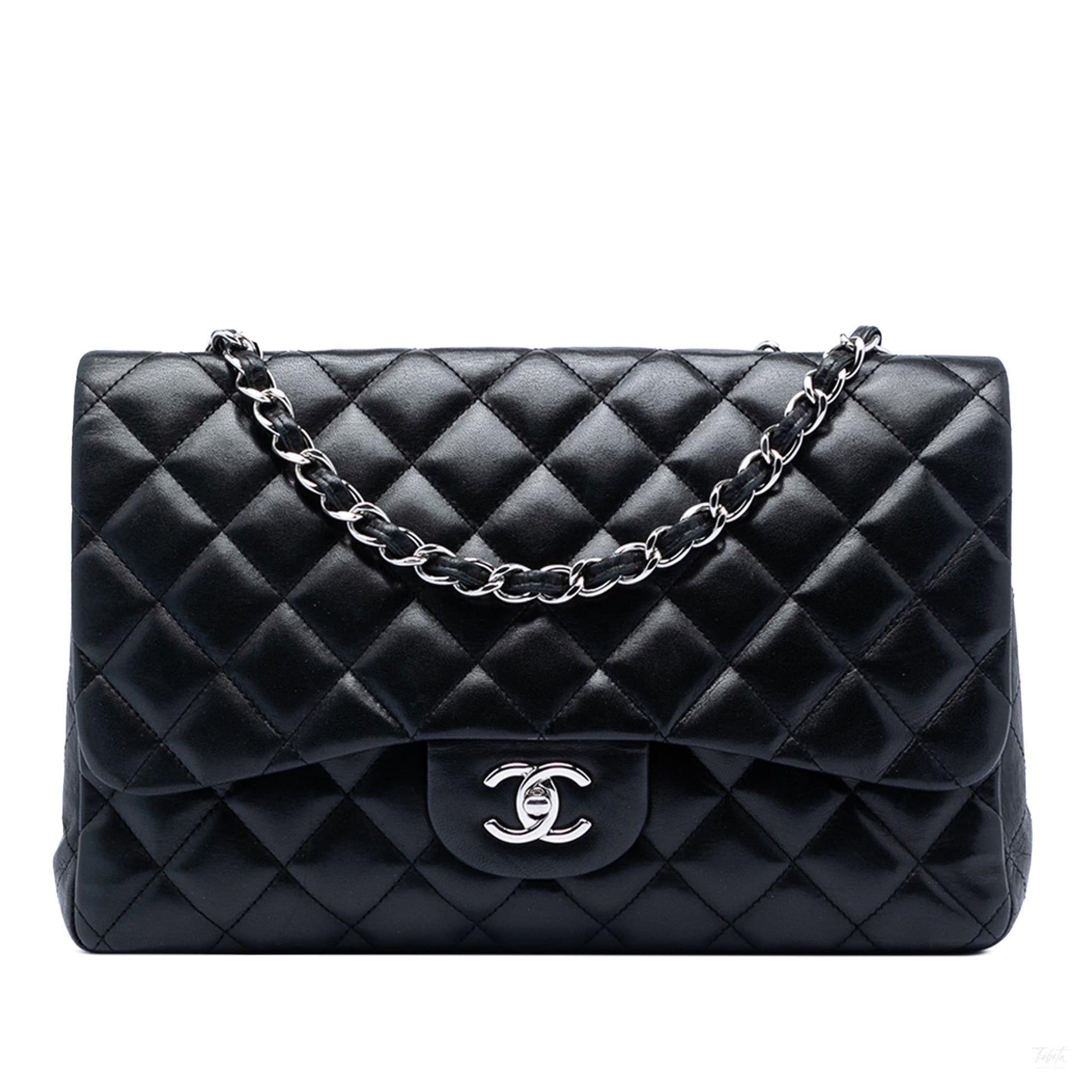 Second hand Chanel Classic Double Flap Jumbo Lambskin Leather Matelassè Handbag Black - Tabita Bags