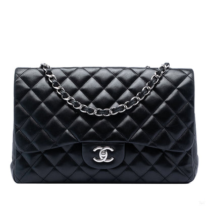 Second hand Chanel Classic Double Flap Jumbo Lambskin Leather Matelassè Handbag Black - Tabita Bags