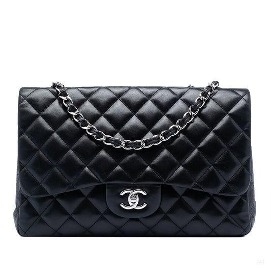 Second hand Chanel Classic Double Flap Jumbo Lambskin Leather Matelassè Handbag Black - Tabita Bags