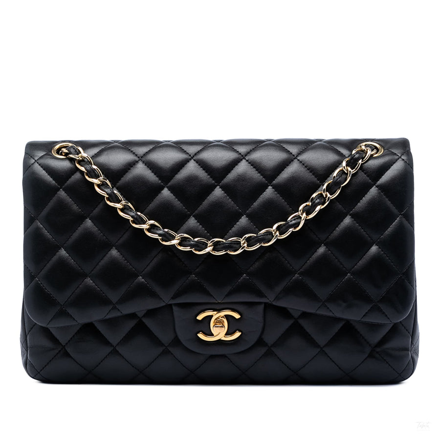 Second hand Chanel Classic Double Flap Jumbo Lambskin Leather Matelassè Handbag Black - Tabita Bags