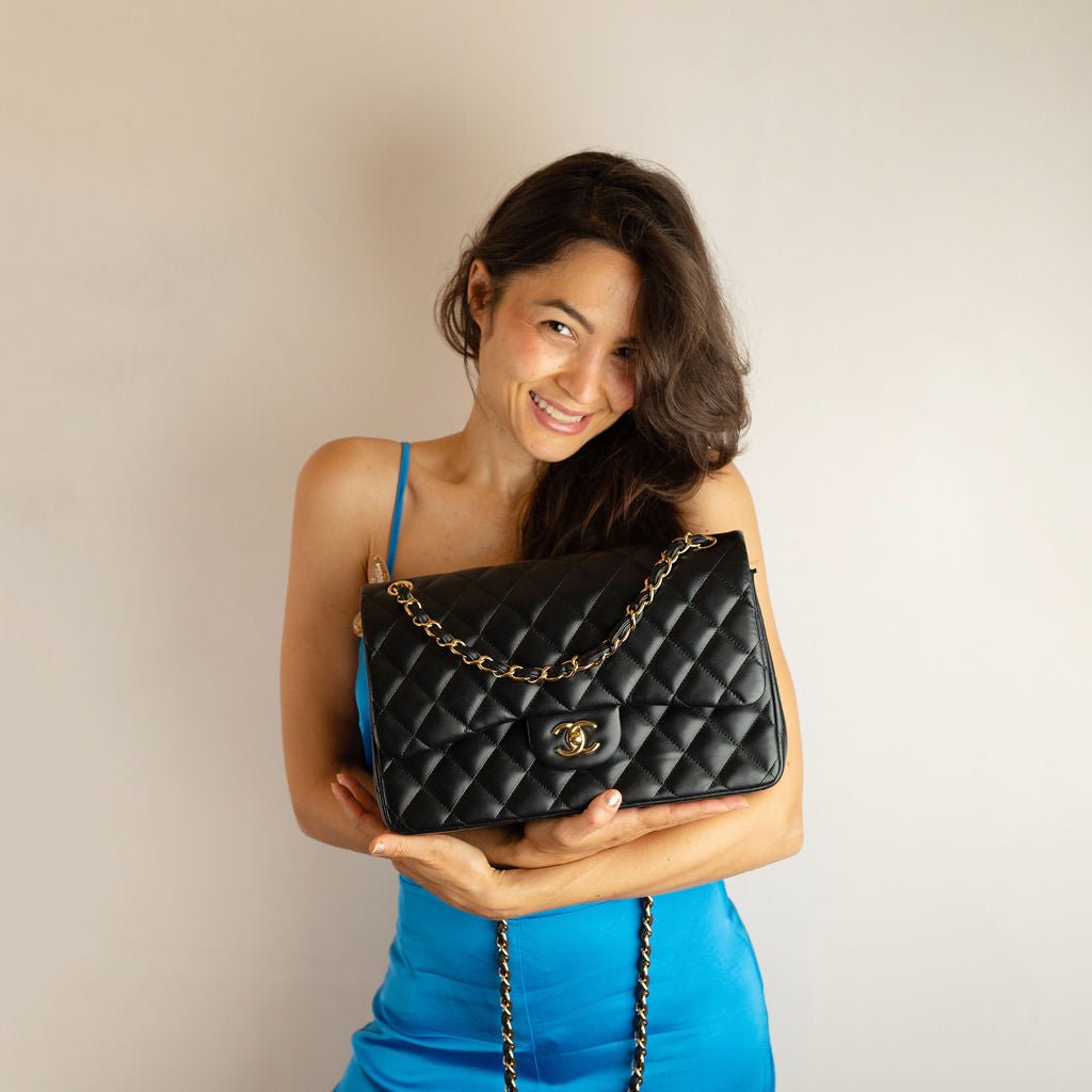 Second hand Chanel Classic Double Flap Jumbo Lambskin Leather Matelassè Handbag Black - Tabita Bags