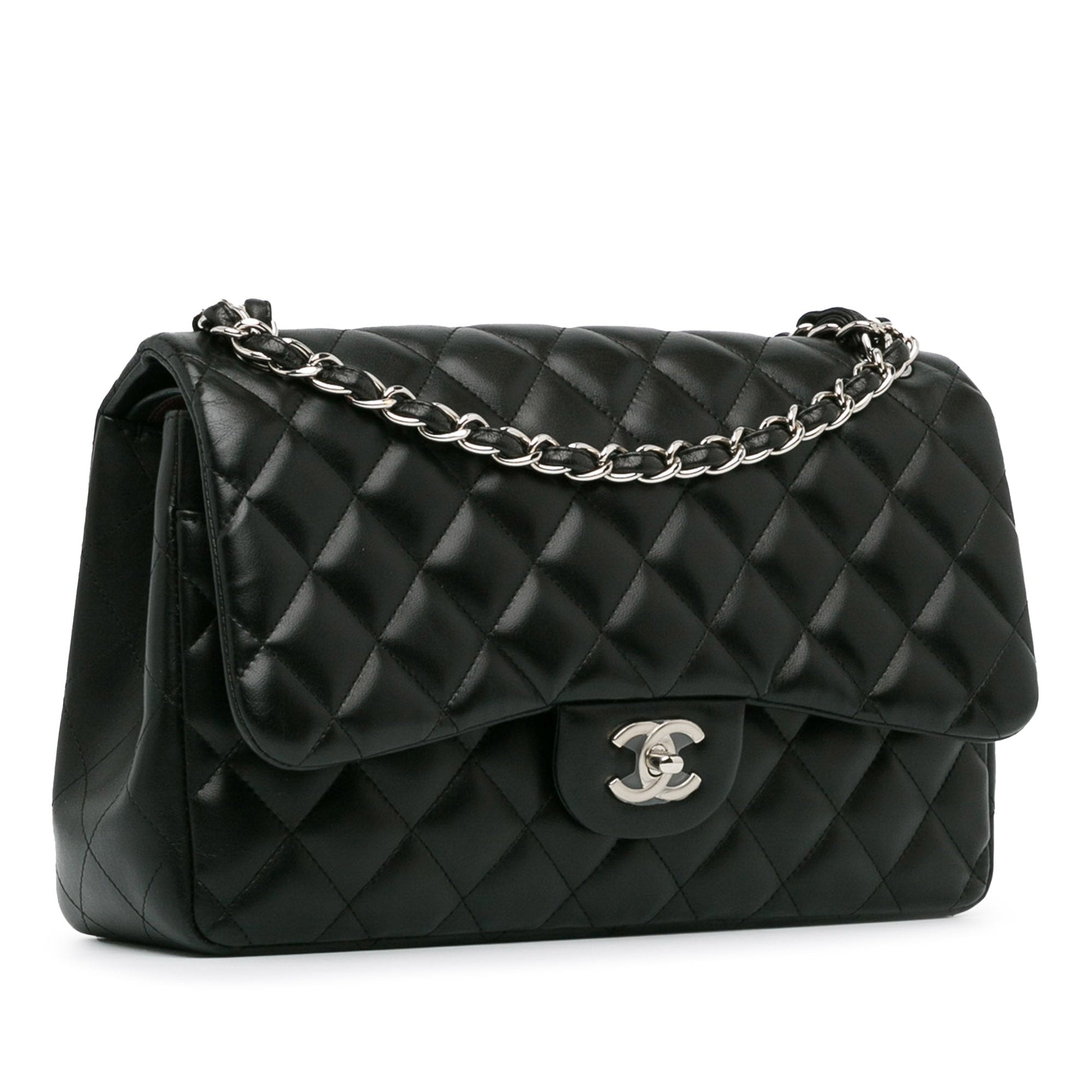Second hand Chanel Classic Double Flap Jumbo Lambskin Leather Matelassè Handbag Black - Tabita Bags