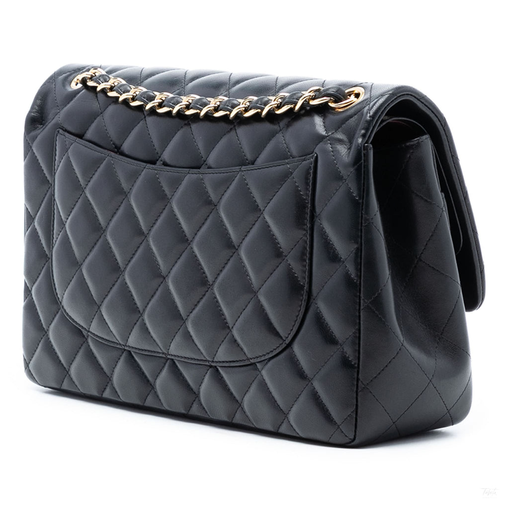 Second hand Chanel Classic Double Flap Jumbo Lambskin Leather Matelassè Handbag Black - Tabita Bags
