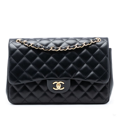 Second hand Chanel Classic Double Flap Jumbo Lambskin Leather Matelassè Handbag Black - Tabita Bags