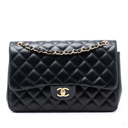 Second hand Chanel Classic Double Flap Jumbo Lambskin Leather Matelassè Handbag Black - Tabita Bags