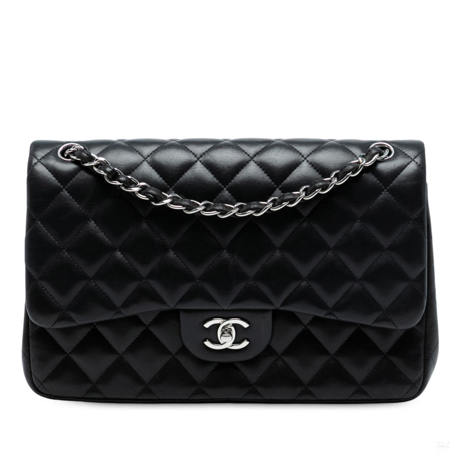 Second hand Chanel Classic Double Flap Jumbo Lambskin Leather Matelassè Handbag Black - Tabita Bags