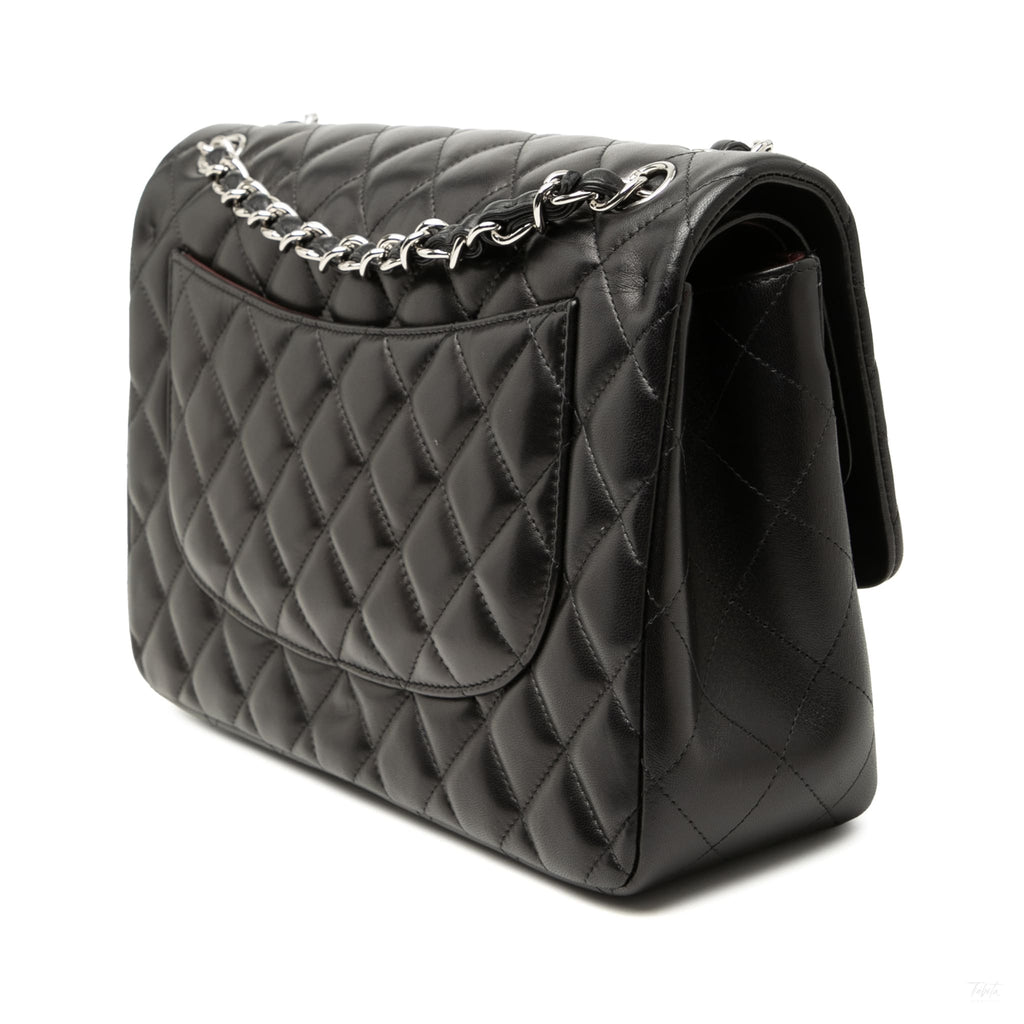 Second hand Chanel Classic Double Flap Jumbo Lambskin Leather Matelassè Handbag Black - Tabita Bags