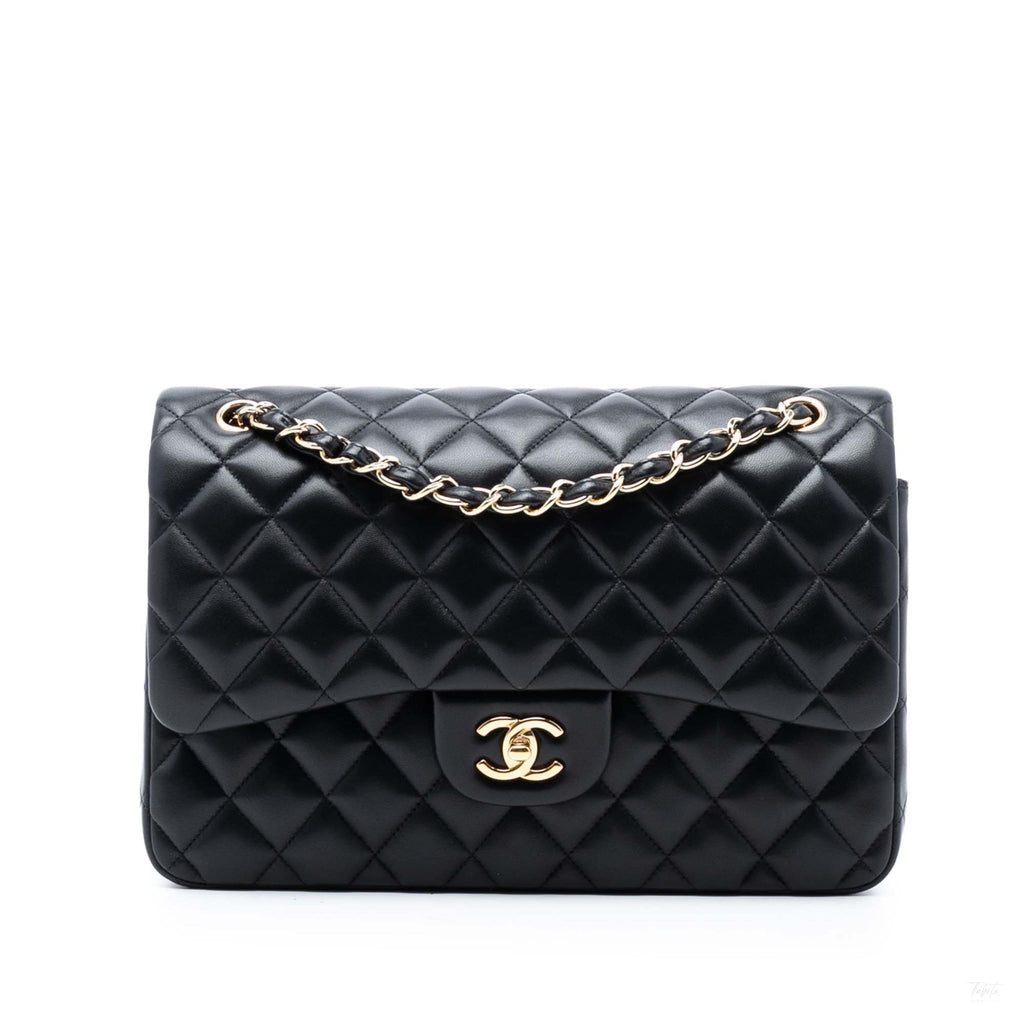 Second hand Chanel Classic Double Flap Jumbo Lambskin Leather Matelassè Handbag Black - Tabita Bags