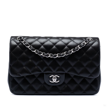 Second hand Chanel Classic Double Flap Jumbo Lambskin Leather Matelassè Handbag Black - Tabita Bags
