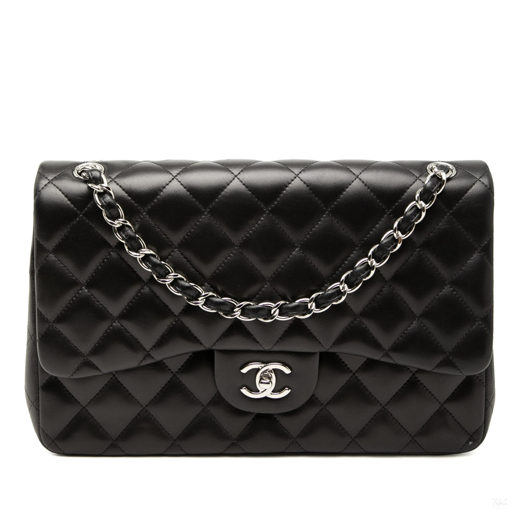 Second hand Chanel Classic Double Flap Jumbo Lambskin Leather Matelassè Handbag Black - Tabita Bags
