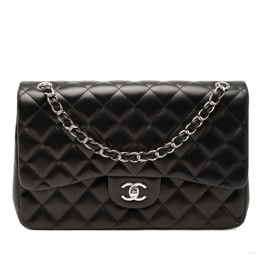 Second hand Chanel Classic Double Flap Jumbo Lambskin Leather Matelassè Handbag Black - Tabita Bags