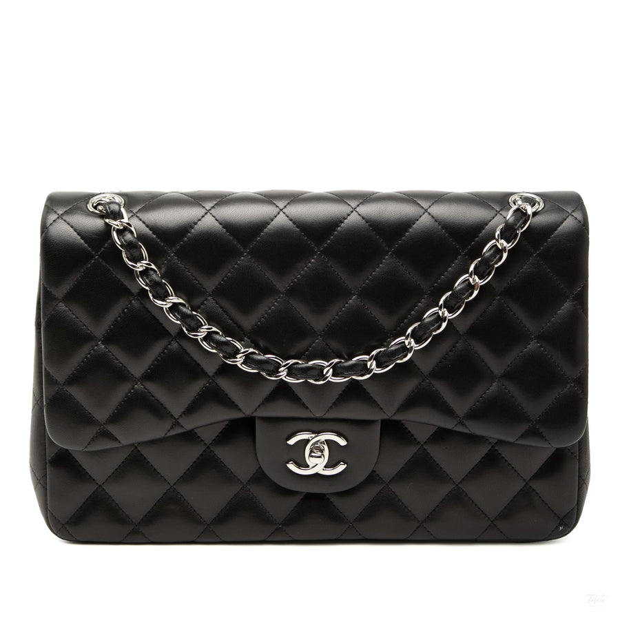 Second hand Chanel Classic Double Flap Jumbo Lambskin Leather Matelassè Handbag Black - Tabita Bags