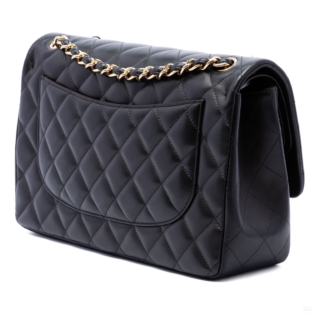Second hand Chanel Classic Double Flap Jumbo Lambskin Leather Matelassè Handbag Black - Tabita Bags
