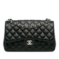 Second hand Chanel Classic Double Flap Jumbo Lambskin Leather Matelassè Handbag Black - Tabita Bags