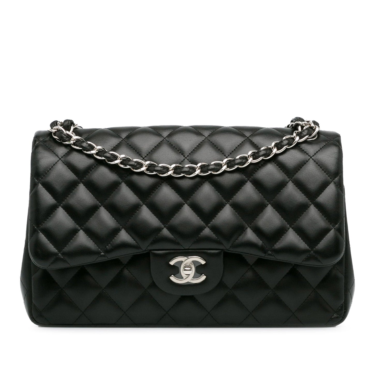 Second hand Chanel Classic Double Flap Jumbo Lambskin Leather Matelassè Handbag Black - Tabita Bags