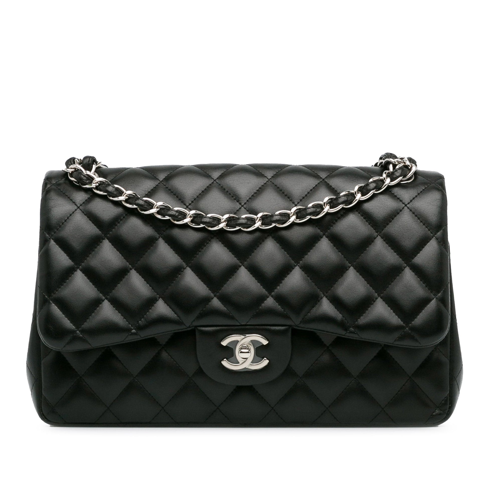 Second hand Chanel Classic Double Flap Jumbo Lambskin Leather Matelassè Handbag Black - Tabita Bags