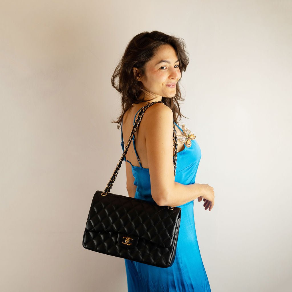 Second hand Chanel Classic Double Flap Jumbo Lambskin Leather Matelassè Handbag Black - Tabita Bags