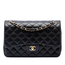 Second hand Chanel Classic Double Flap Jumbo Lambskin Leather Matelassè Handbag Black - Tabita Bags
