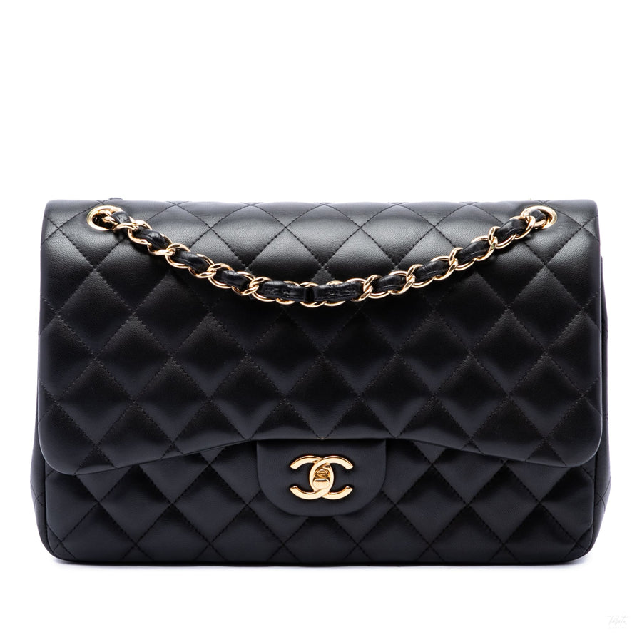 Second hand Chanel Classic Double Flap Jumbo Lambskin Leather Matelassè Handbag Black - Tabita Bags