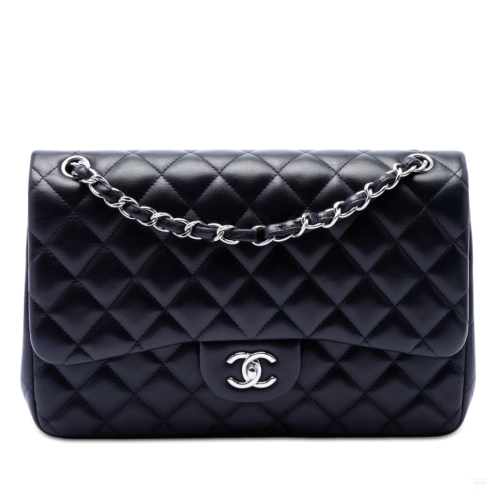 Second hand Chanel Classic Double Flap Jumbo Lambskin Leather Matelassè Handbag Blue - Tabita Bags