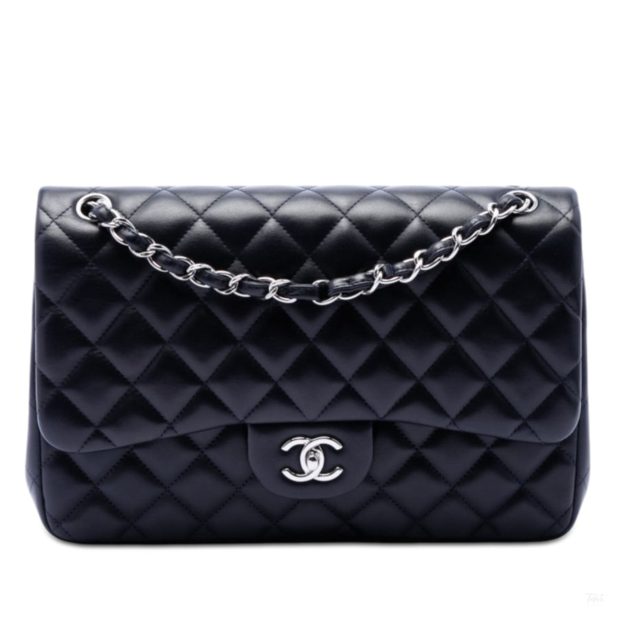 Second hand Chanel Classic Double Flap Jumbo Lambskin Leather Matelassè Handbag Blue - Tabita Bags