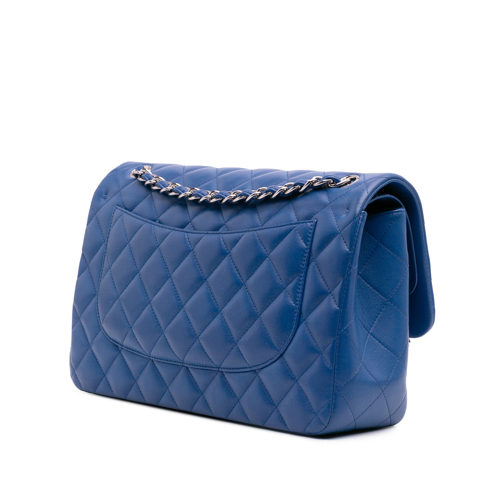 Second hand Chanel Classic Double Flap Jumbo Lambskin Leather Matelassè Handbag Blue - Tabita Bags