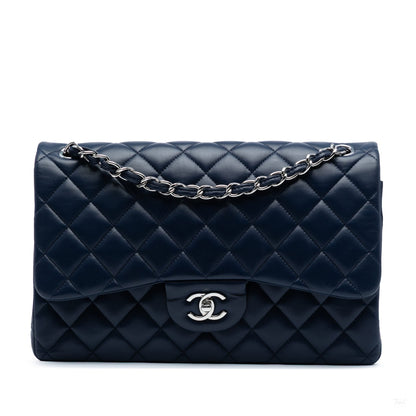 Second hand Chanel Classic Double Flap Jumbo Lambskin Leather Matelassè Handbag Blue - Tabita Bags