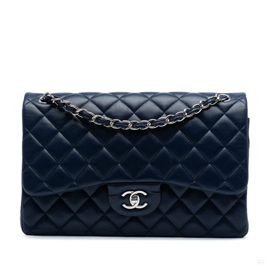 Second hand Chanel Classic Double Flap Jumbo Lambskin Leather Matelassè Handbag Blue - Tabita Bags