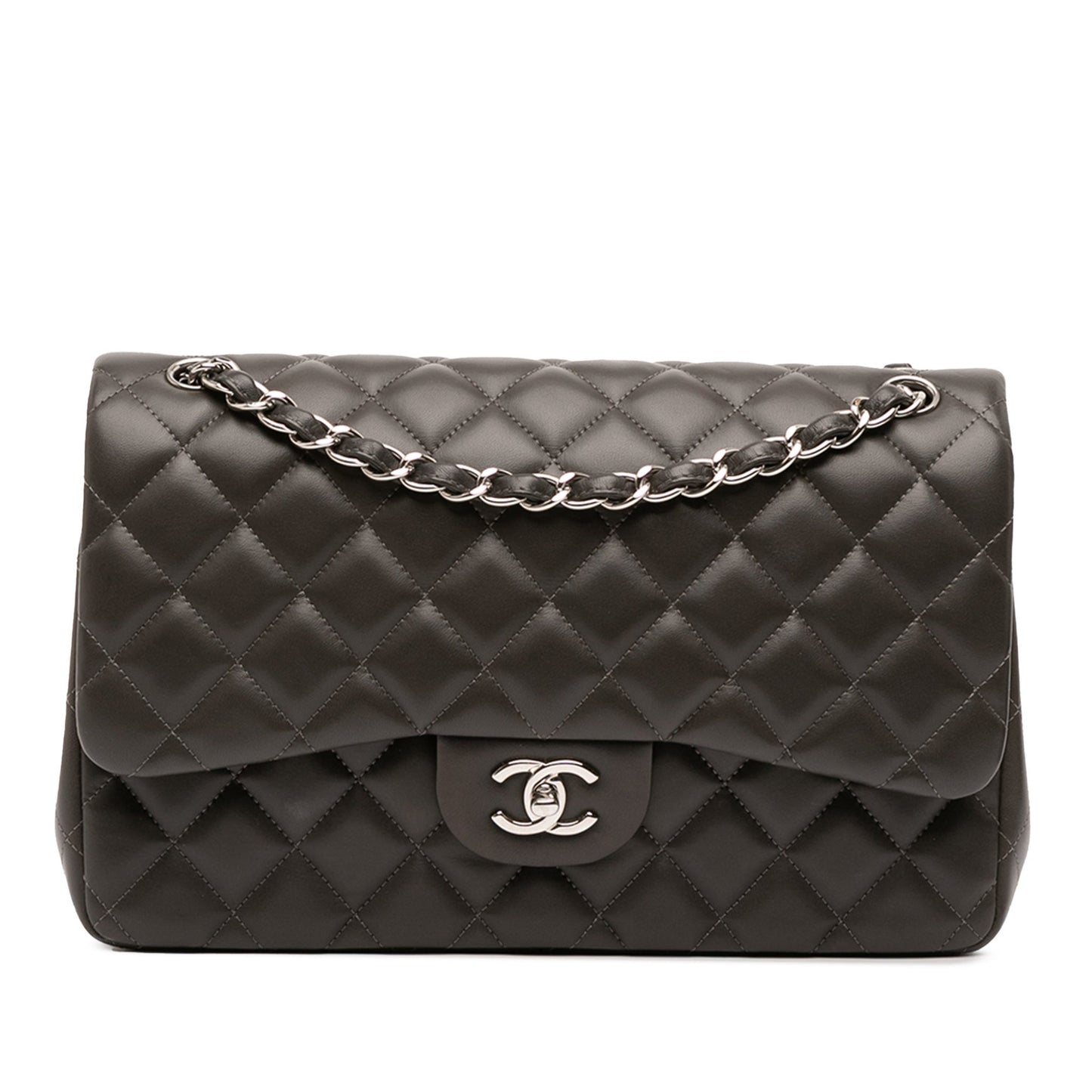 Second hand Chanel Classic Double Flap Jumbo Lambskin Leather Matelassè Handbag Grey - Tabita Bags