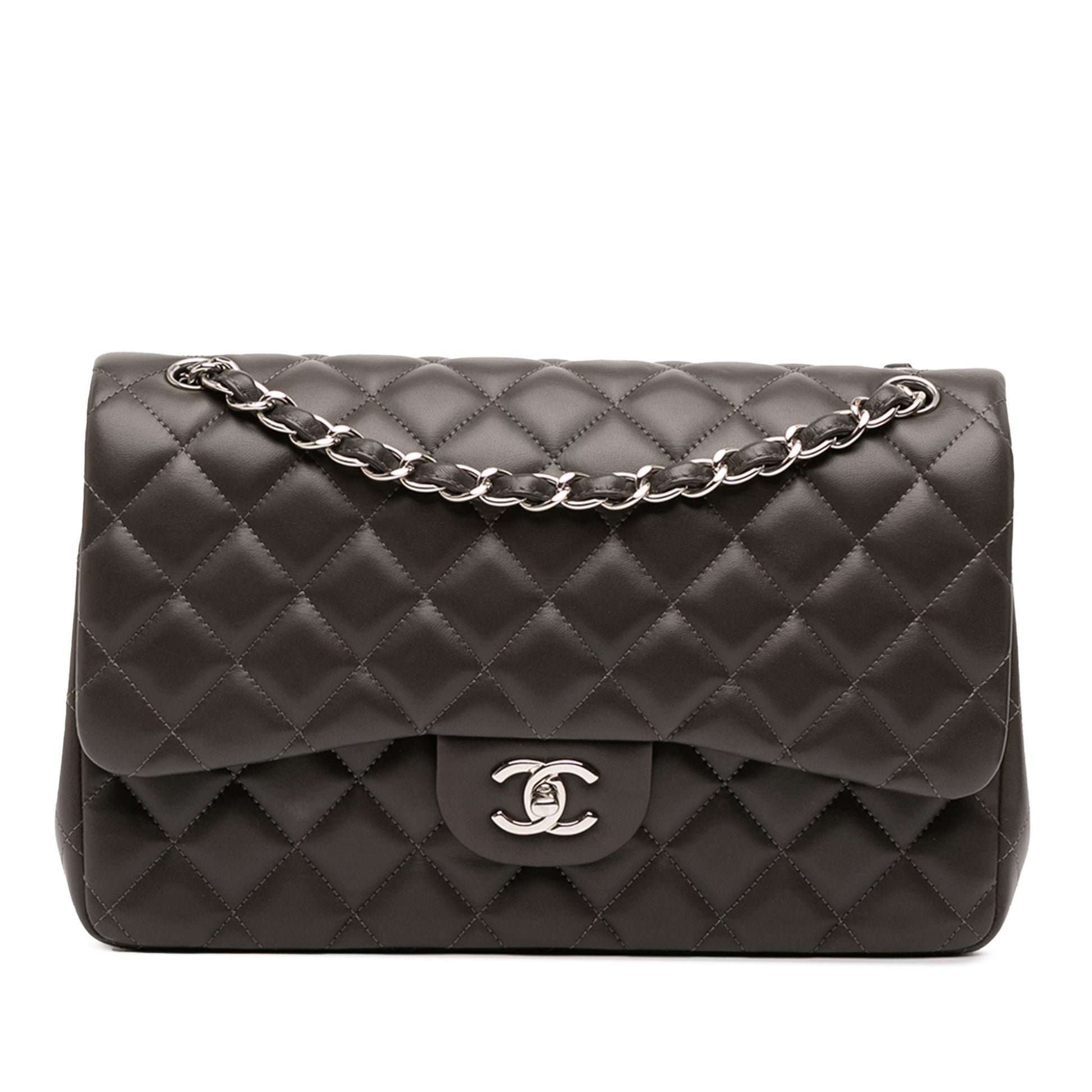 Second hand Chanel Classic Double Flap Jumbo Lambskin Leather Matelassè Handbag Grey - Tabita Bags