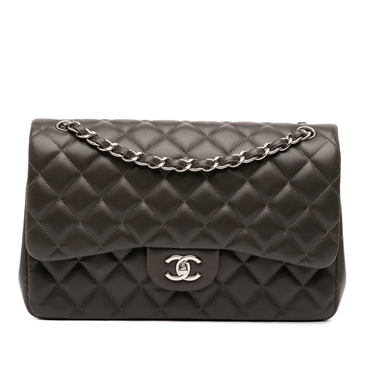 Second hand Chanel Classic Double Flap Jumbo Lambskin Leather Matelassè Handbag Grey - Tabita Bags
