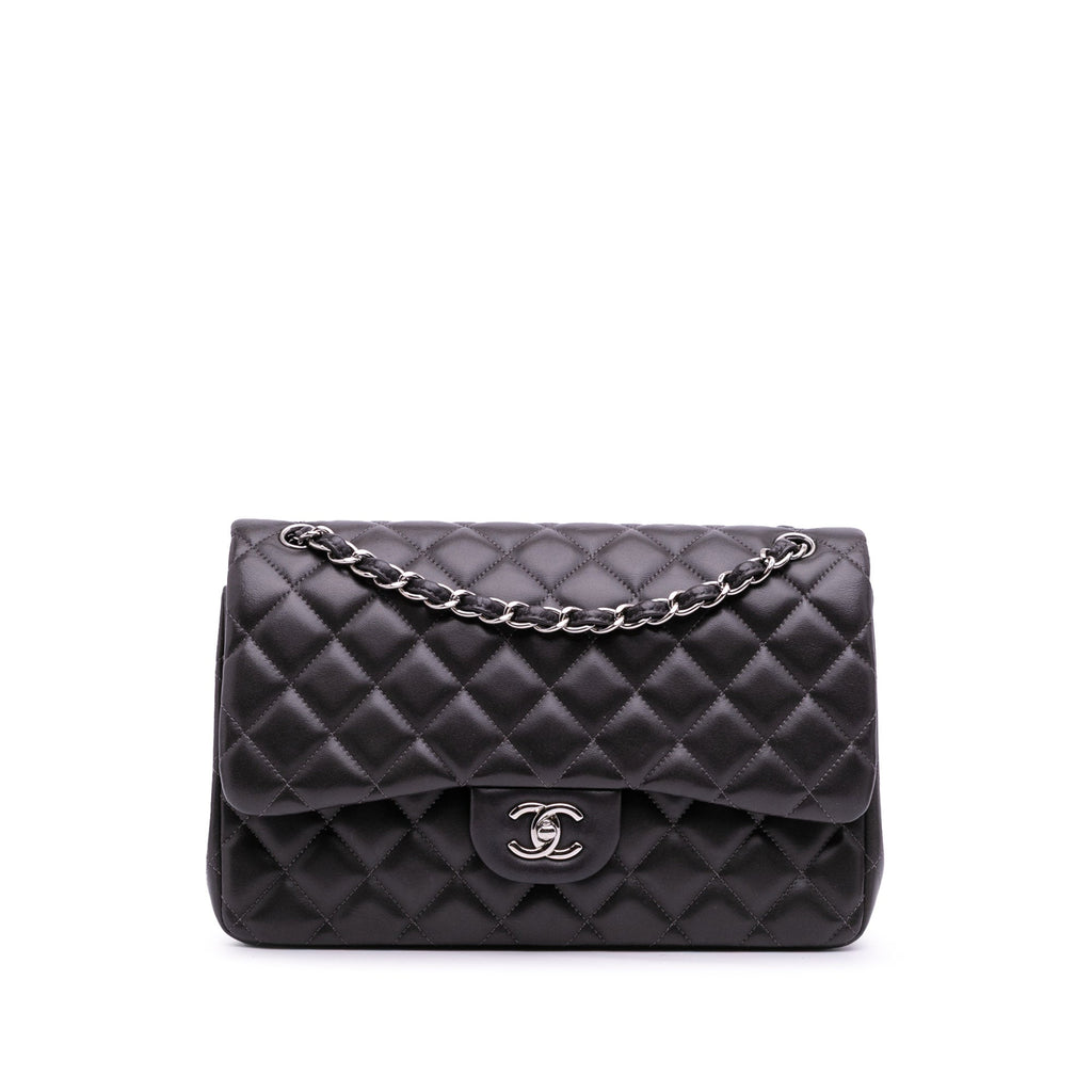 Second hand Chanel Classic Double Flap Jumbo Lambskin Leather Matelassè Handbag Grey - Tabita Bags