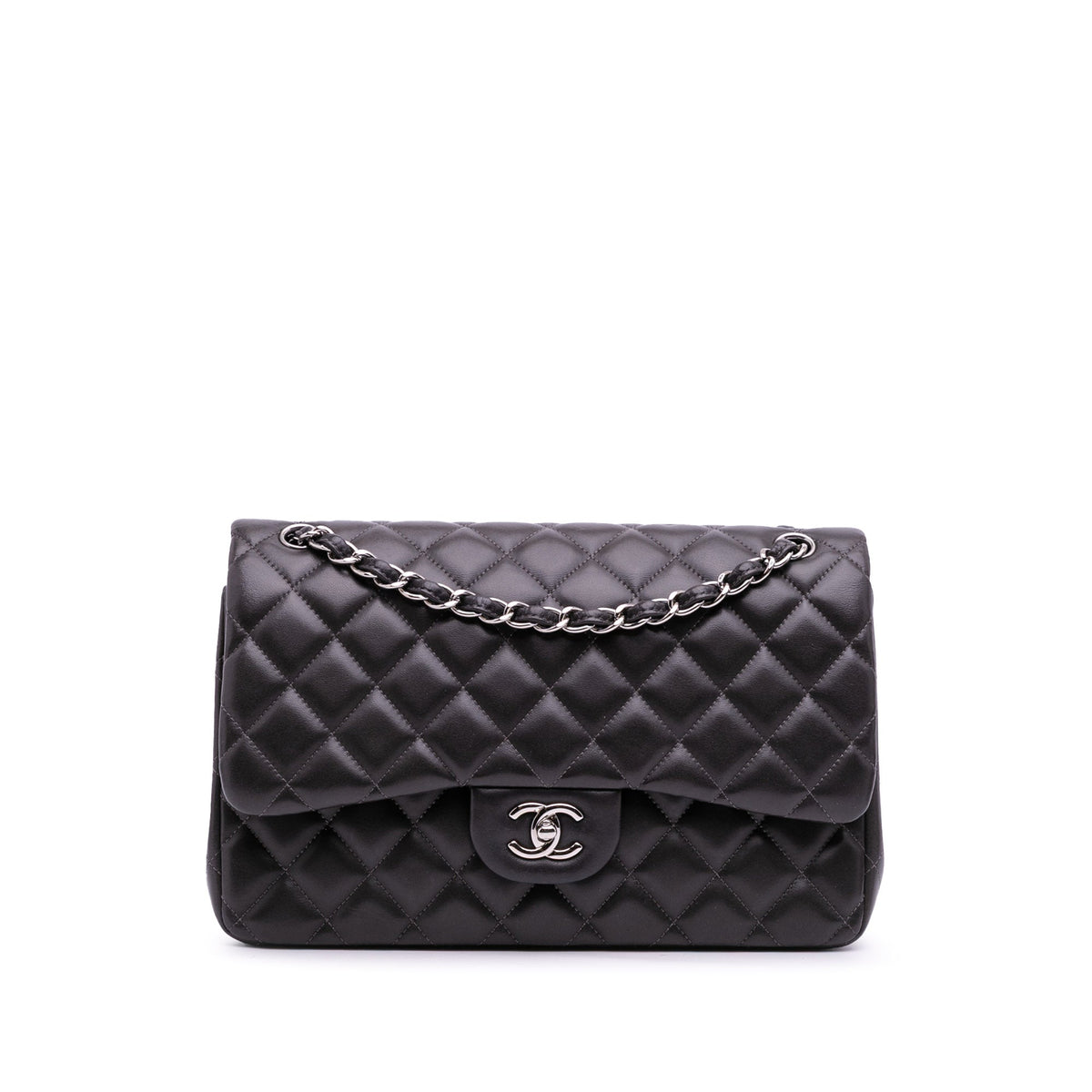Second hand Chanel Classic Double Flap Jumbo Lambskin Leather Matelassè Handbag Grey - Tabita Bags